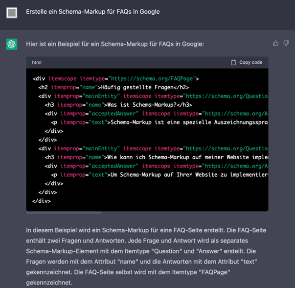 Screenshot ChatGPT Schema-Markup für FAQs Google